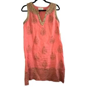 BELLA TU by Gopi Vaid Pink Coral Gold Embroidered Beaded Linen Tunic Dress Sz 6